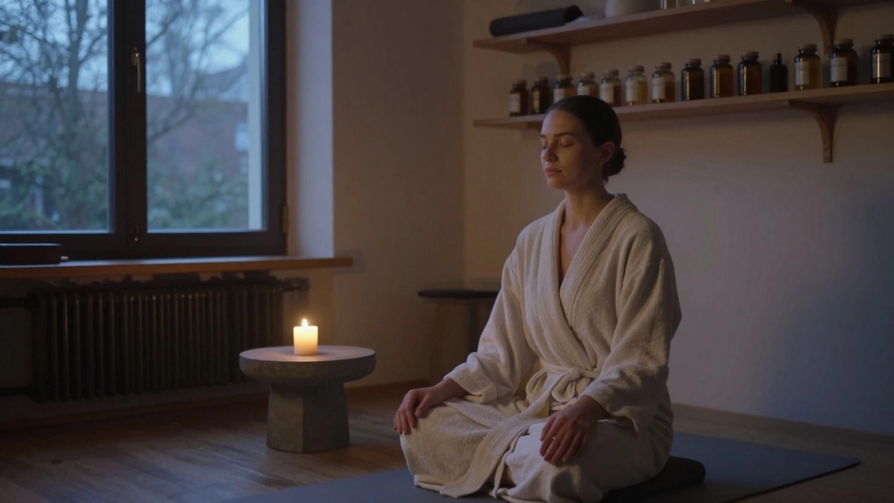 Een cliënt na een body-to-body sessie, zittend in een badjas, in een rustige, minimalistische wellnessruimte met kaarslicht en natuurlijke materialen.