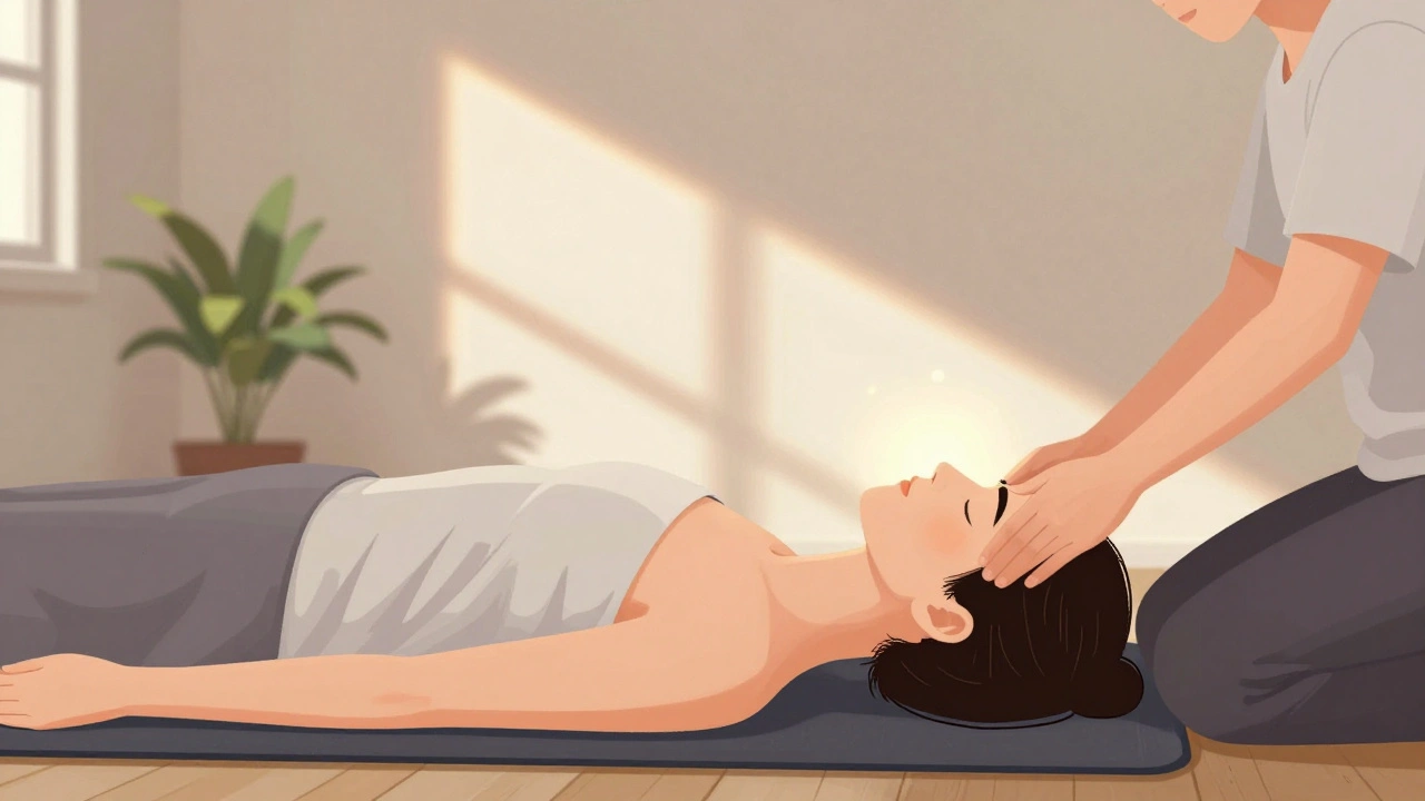 Een masseur doet een hoofdmassage op iemand op de vloer in een kleine woonkamer, zacht zonlicht, geen decoraties, focus op de tempels.