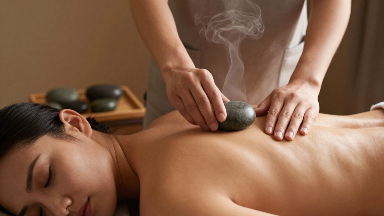 Een masseur glijdt een warme steen langzaam over de rug van een cliënt in een rustige spa-omgeving.