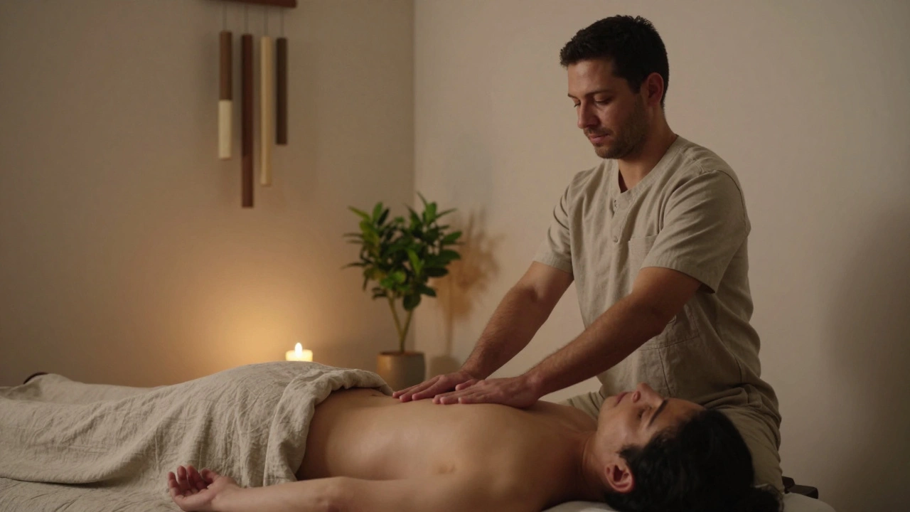 Een masseur zit rustig naast een client die onder een linnen doek ligt, beide ademen in harmonie in een kalme setting.