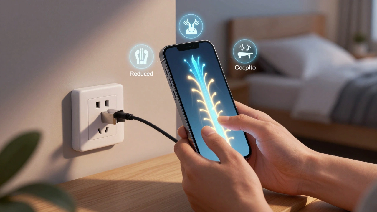 Een menselijk lichaam als smartphone die opgeladen wordt door massagehanden, met energiegolven die opkomen.