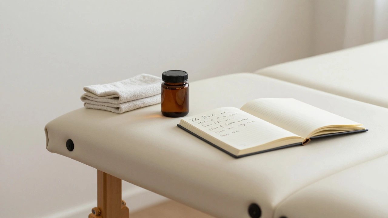 Een minimalistische massage-ruimte met een bamboo tafel, een fles olie en een open dagboek met notities over ademhaling en grenzen.