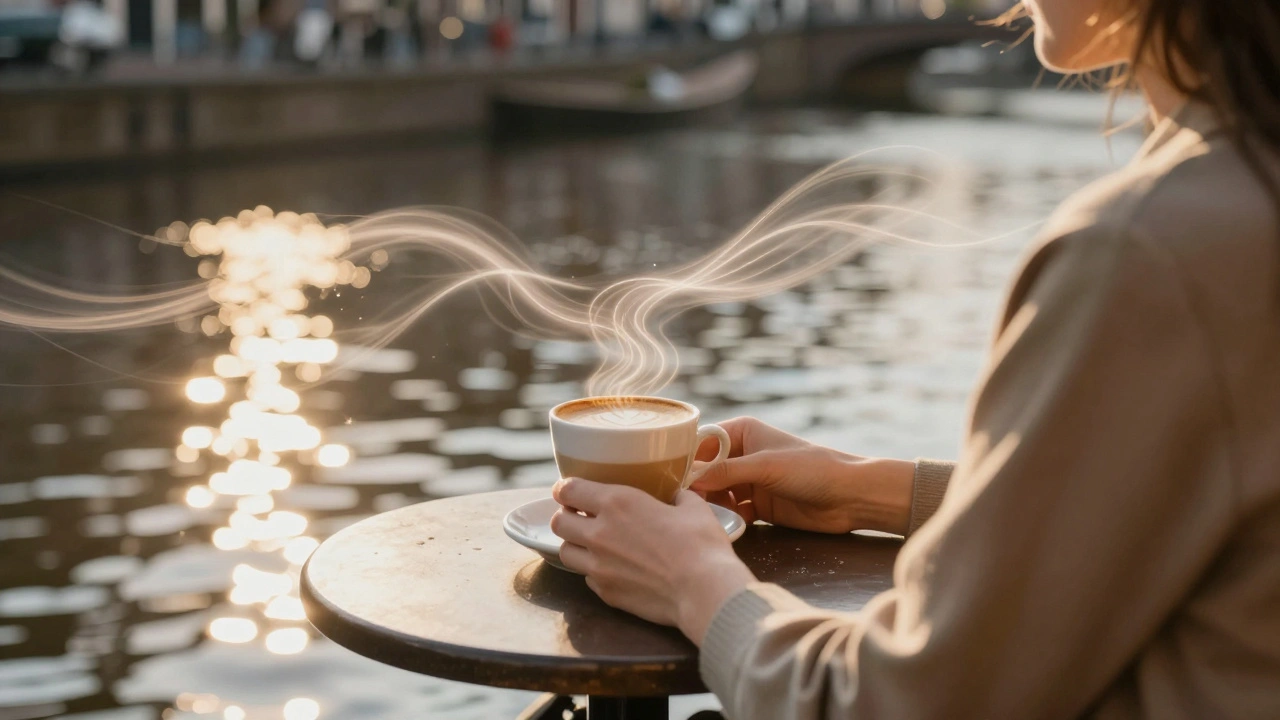 Een persoon geniet van koffie aan een gracht in Amsterdam na een ochtendmassage, met zachte energie-lijnen rondom.