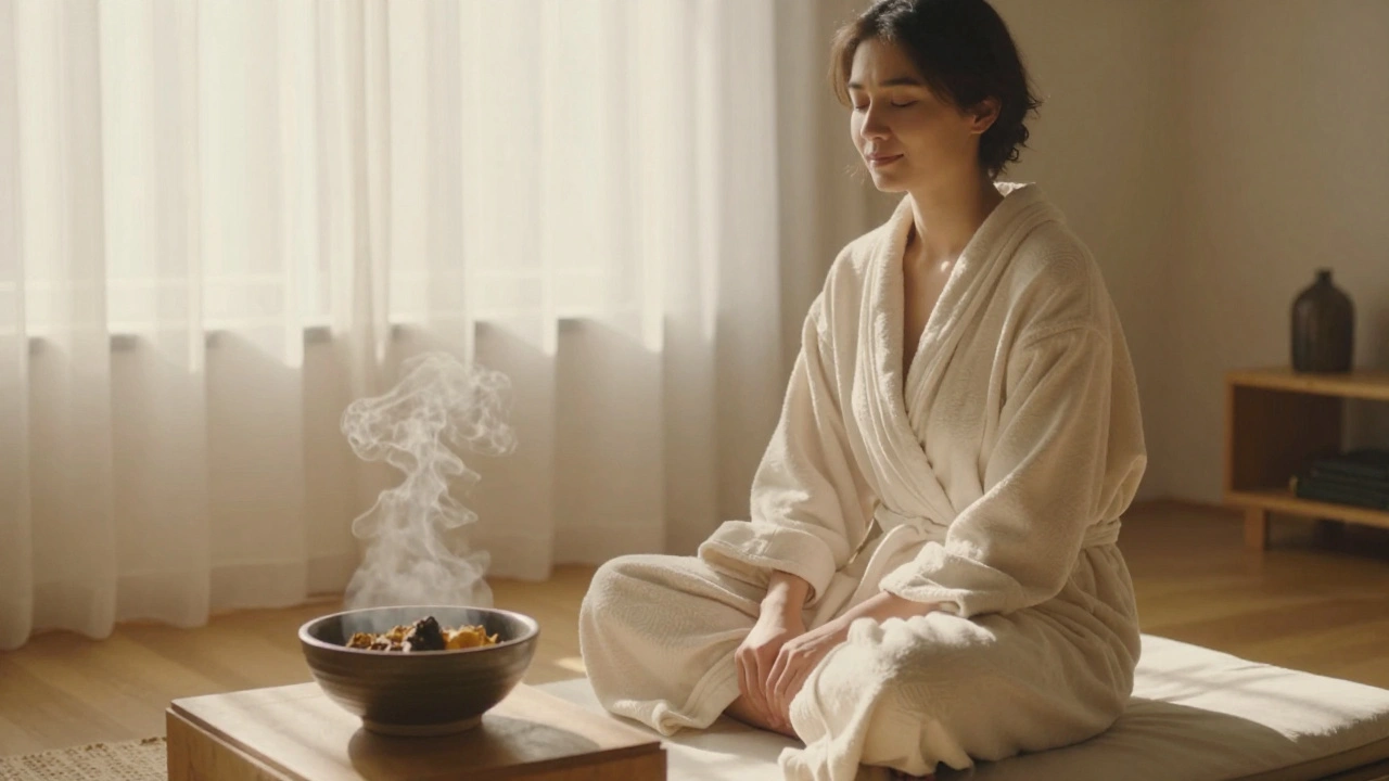 Een persoon na een sessie, met gesloten ogen en een vredig gezicht, gekleed in een badjas bij zonlicht.