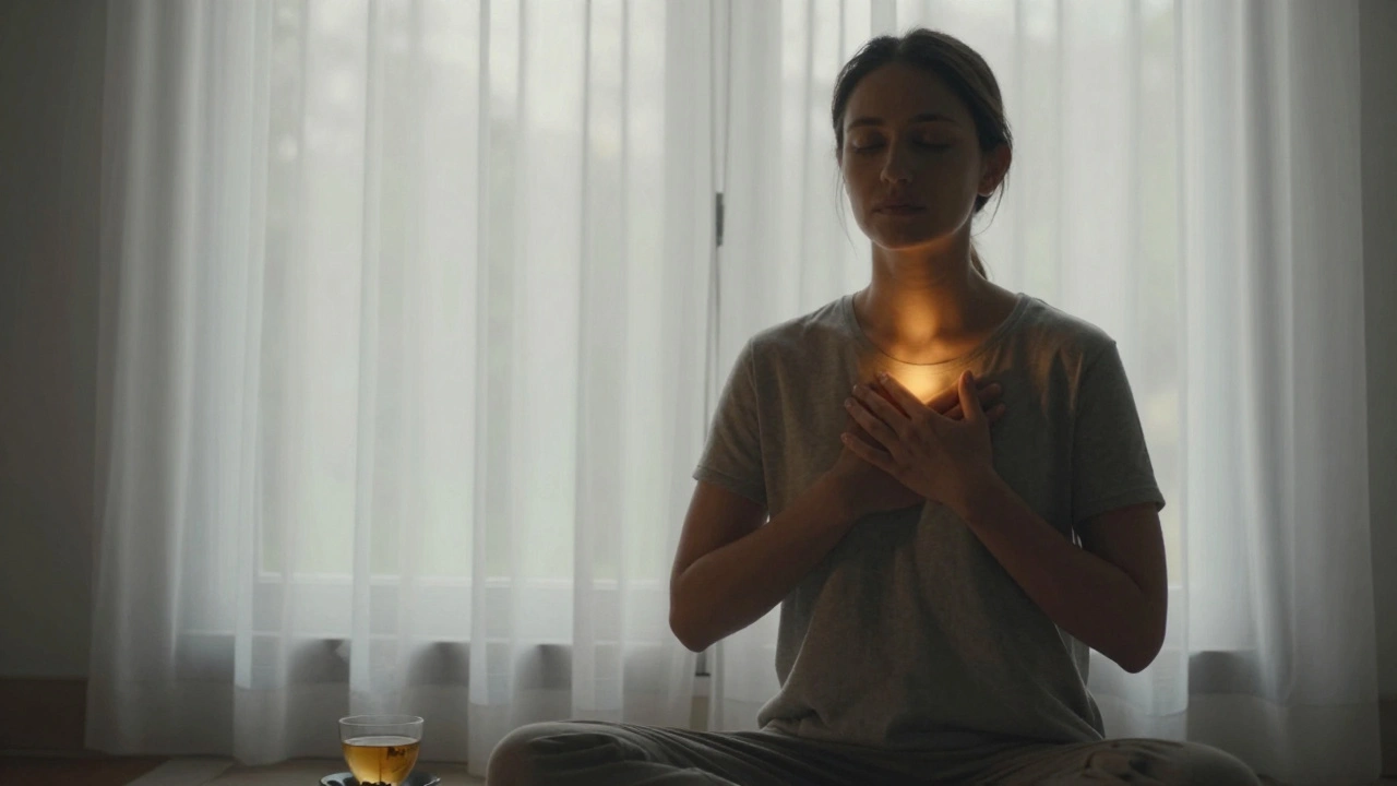 Een persoon zit in de ochtendzon na een tantra massage, met een gevoel van diepe rust en verbinding met zichzelf.