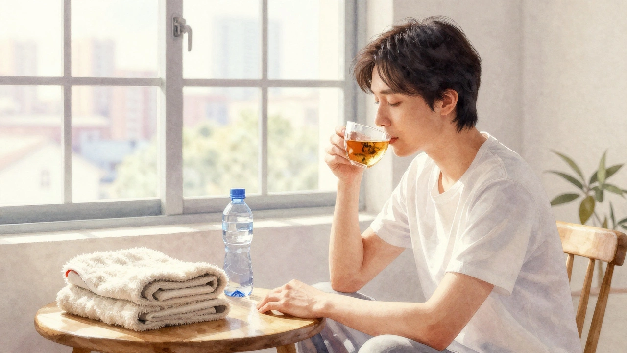 Een persoon zit rustig met een kop thee na een massage, zonlicht valt door het raam, een gevoel van vrede en herstel.