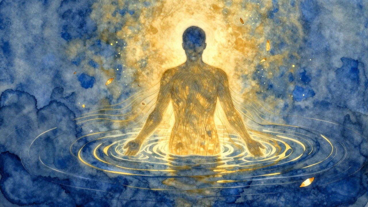 Een silhouet van een mens in een stromende rivier van goud en blauw, spanning lost op in golven, symboliserend emotionele bevrijding en herstel van vertrouwen.