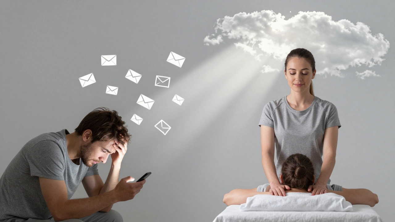 Een splitsbeeld: links iemand gestrest voor de computer, rechts dezelfde persoon na een ochtendmassage, rustig en verfrist, met een zonnestraal.