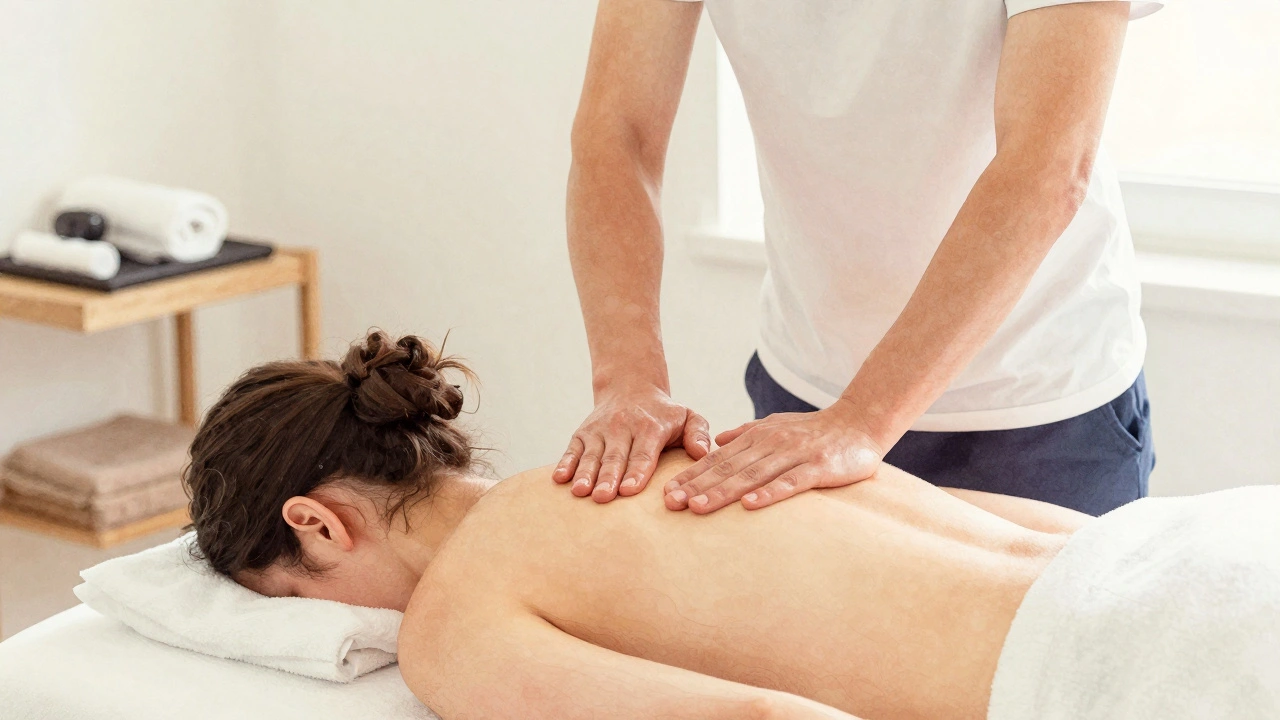 Een Swedish massage sessie met een therapeut die langzame bewegingen uitvoert op de rug van een cliënt.