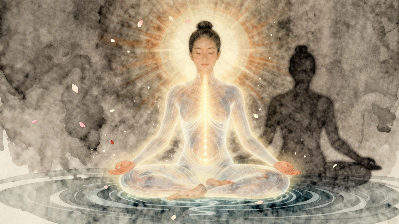 Een symbolische weergave van innerlijke energie en rust tijdens een tantra sessie, met zachte lichtstrepen en vallende bloemblaadjes.