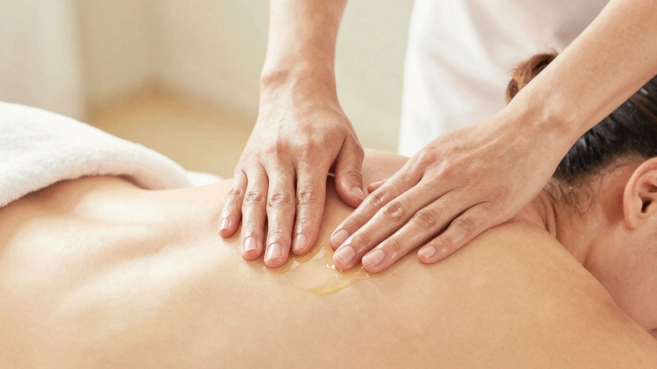 Handen glijden zacht over rug met massage-olie, ontspannen gezicht, warme kleuren.