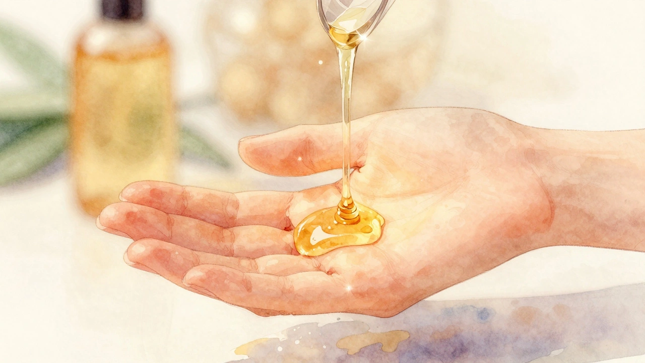 Handen verwarmen massageolie tussen palmen, warme glans