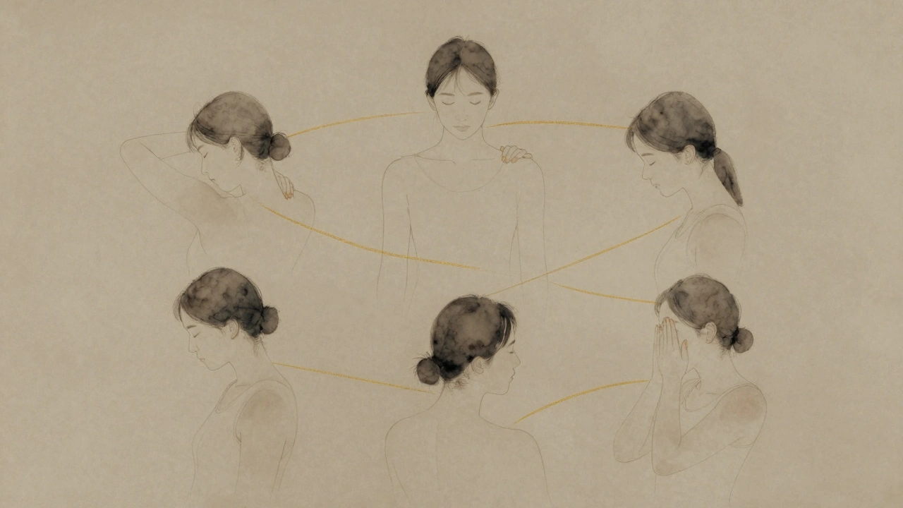 Illustratie met vijf subtiele bewegingen die nek- en schouderoefeningen vertegenwoordigen.