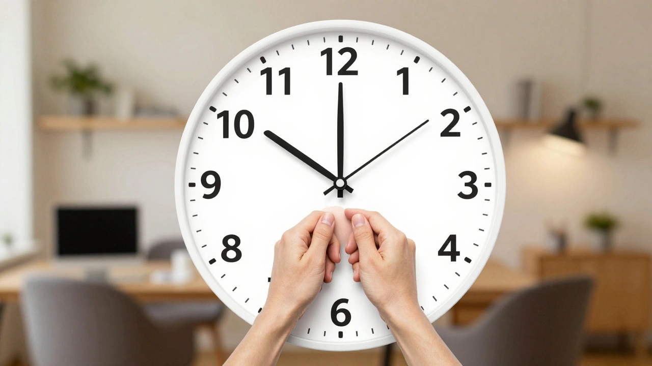 Klok met tijdstippen en oefeningssymbolen, centraal een hand die de nek ontspant.