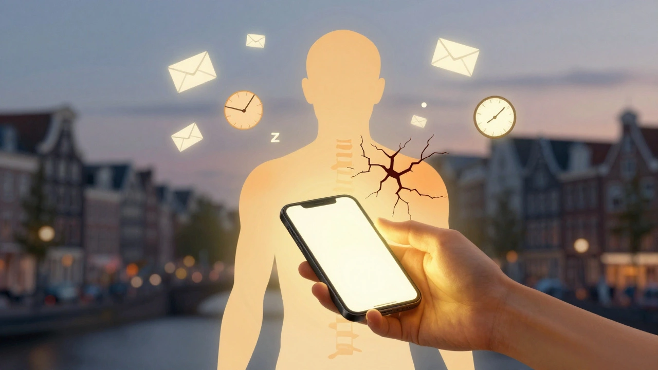 Menselijk lichaam als smartphone dat wordt opgeladen door warme handen, met spanning die verdwijnt.