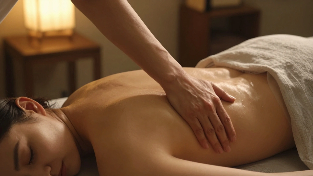 Nauwe close-up van de beweging van een masseuse over de rug van een cliënt, beide bedekt met een linnen doek, in een stille, warm verlichte ruimte.