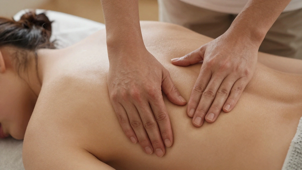 Nauwkeurige close-up van handen die met zachte, vloeiende bewegingen spanning in de schouders lossen tijdens een massage.