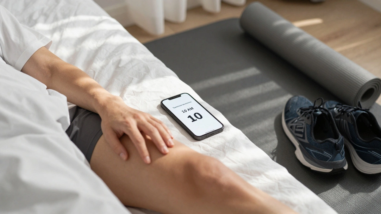 Person sleeping at home with massage appointment visible on phone, symbolizing recovery routine.