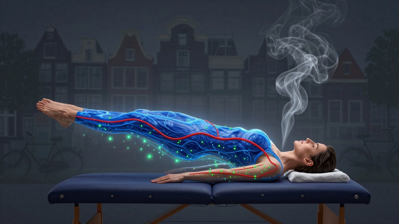 Persoon die na een massage licht zweeft, met spanning die oplost in de lucht en bloedcirculatie en serotonine als lichtstralen.