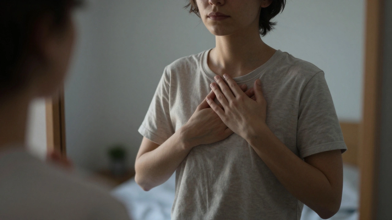 Persoon staat voor de spiegel, handen op het hart, in een vredige, aanwezige houding.