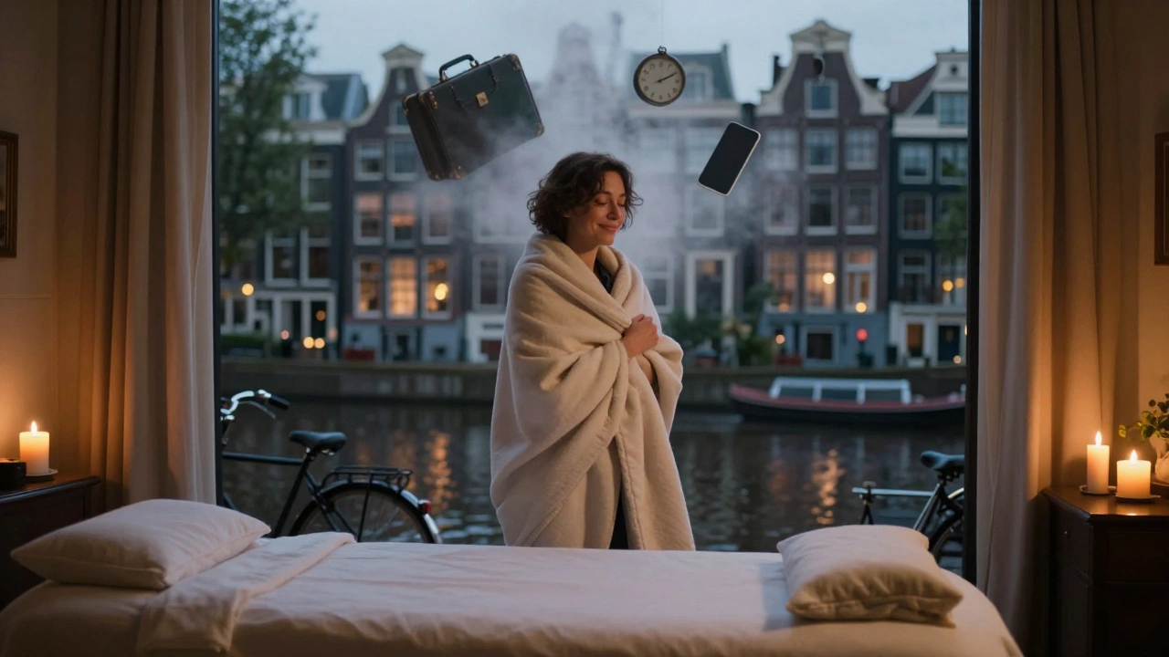 Persoon stapt na een massage uit een rustige kamer, met de last van stress die oplost in de lucht.