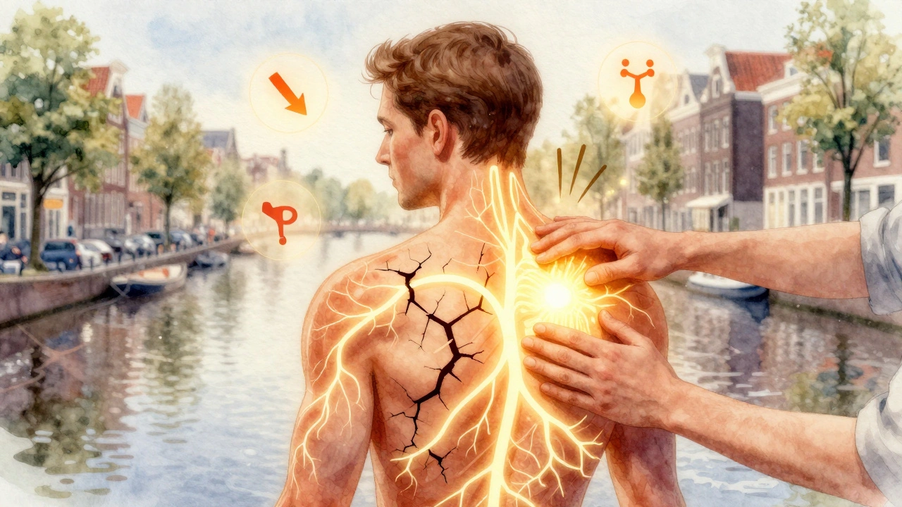 Symbolische weergave van het lichaam als computer, met warm licht dat stress herstelt en hormoonniveaus verandert.