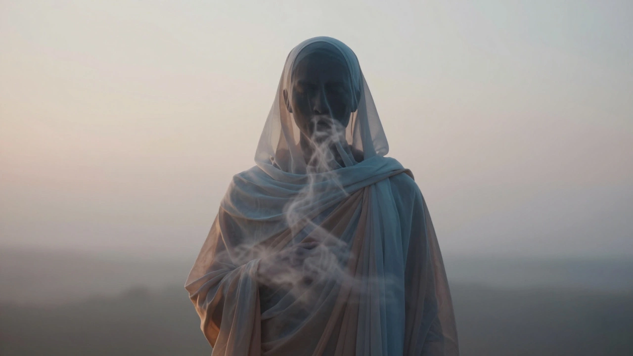 Transparante monnikskap drijft weg van de schouders als spanning verdwijnt.