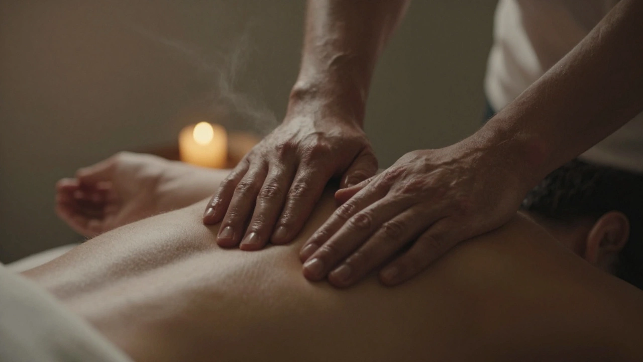 Twee handen rusten op elkaars onderarmen tijdens een body-to-body massage, zacht verlicht door kaarslicht, geen gezichten zichtbaar, alleen aanraking en rust.