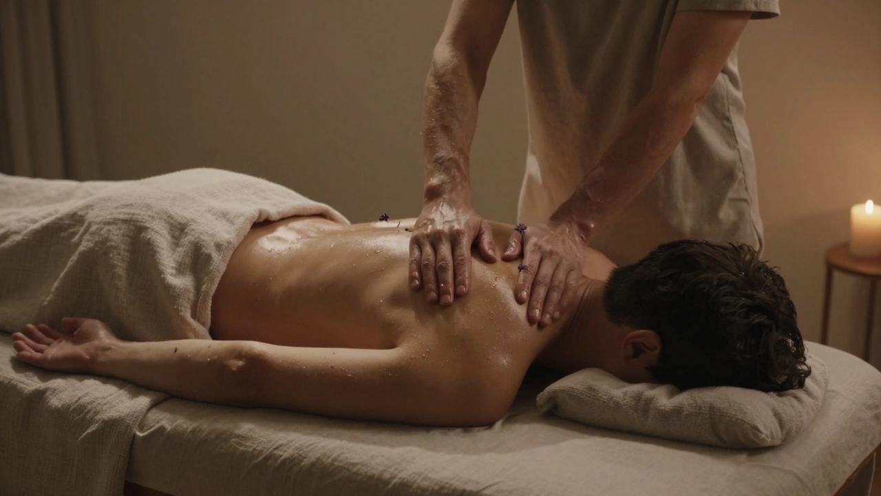 Twee personen worden bedekt met linnen tijdens een koppelmassage, met warme olie en zachte lichtval in een kalme omgeving.