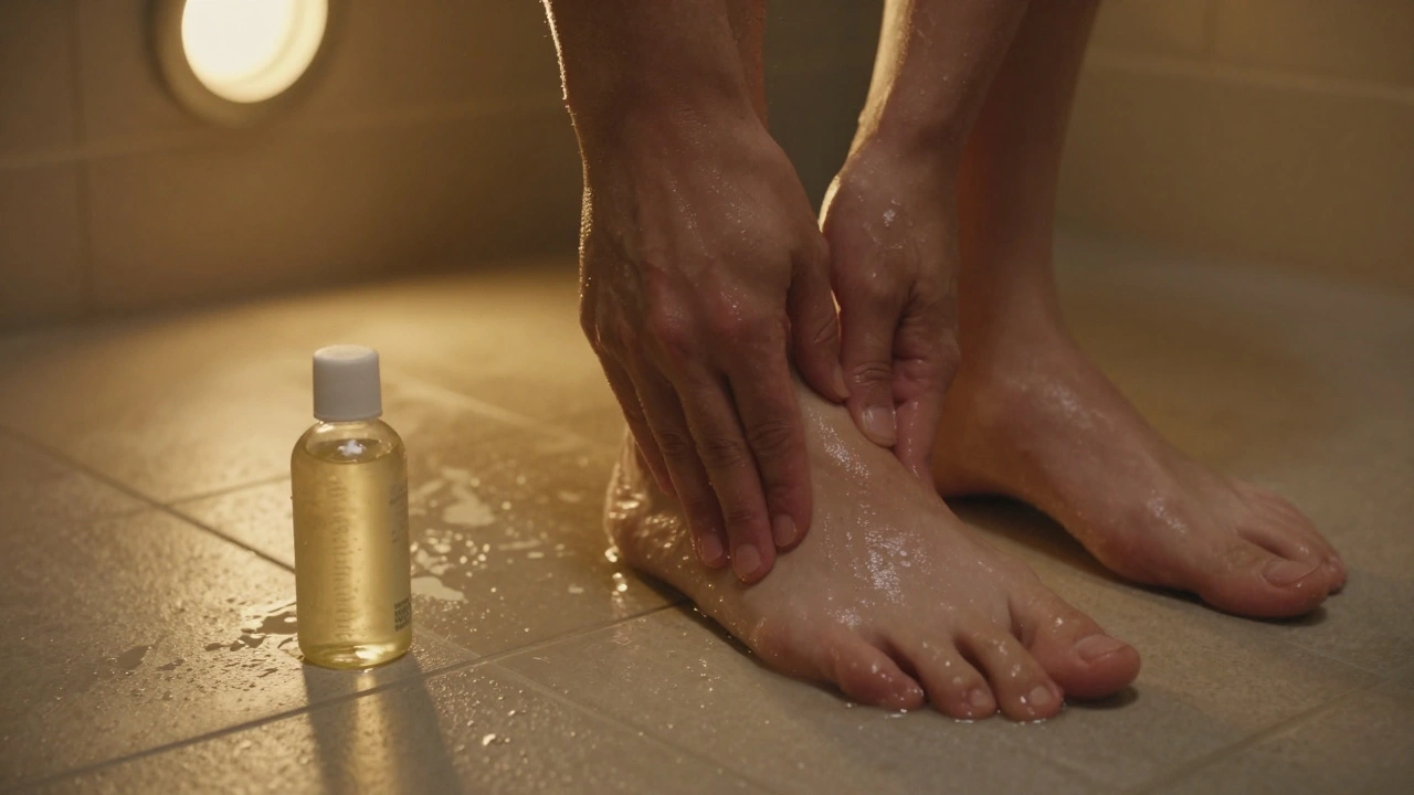 Voeten worden masseerd met olie op de badkamervloer, warm licht en droge tegels.