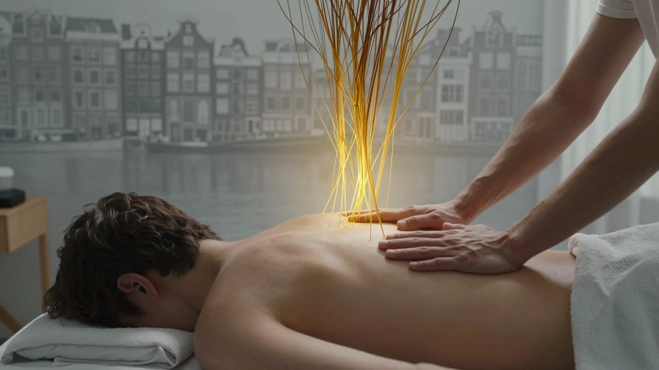 Abstracte voorstelling van spanning die oplost tijdens een thuismassage, donkere lijnen veranderen in licht, warme kleuren domineren de sfeer.