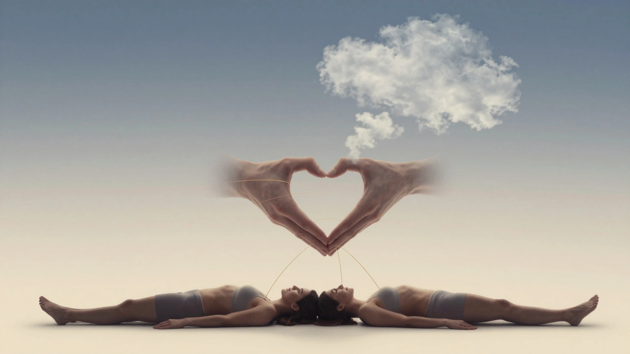 Abstrakt beeld van twee harten die in ritme slagen, gevormd door aanrakingen en ademhaling, zonder lichaamsdelen.