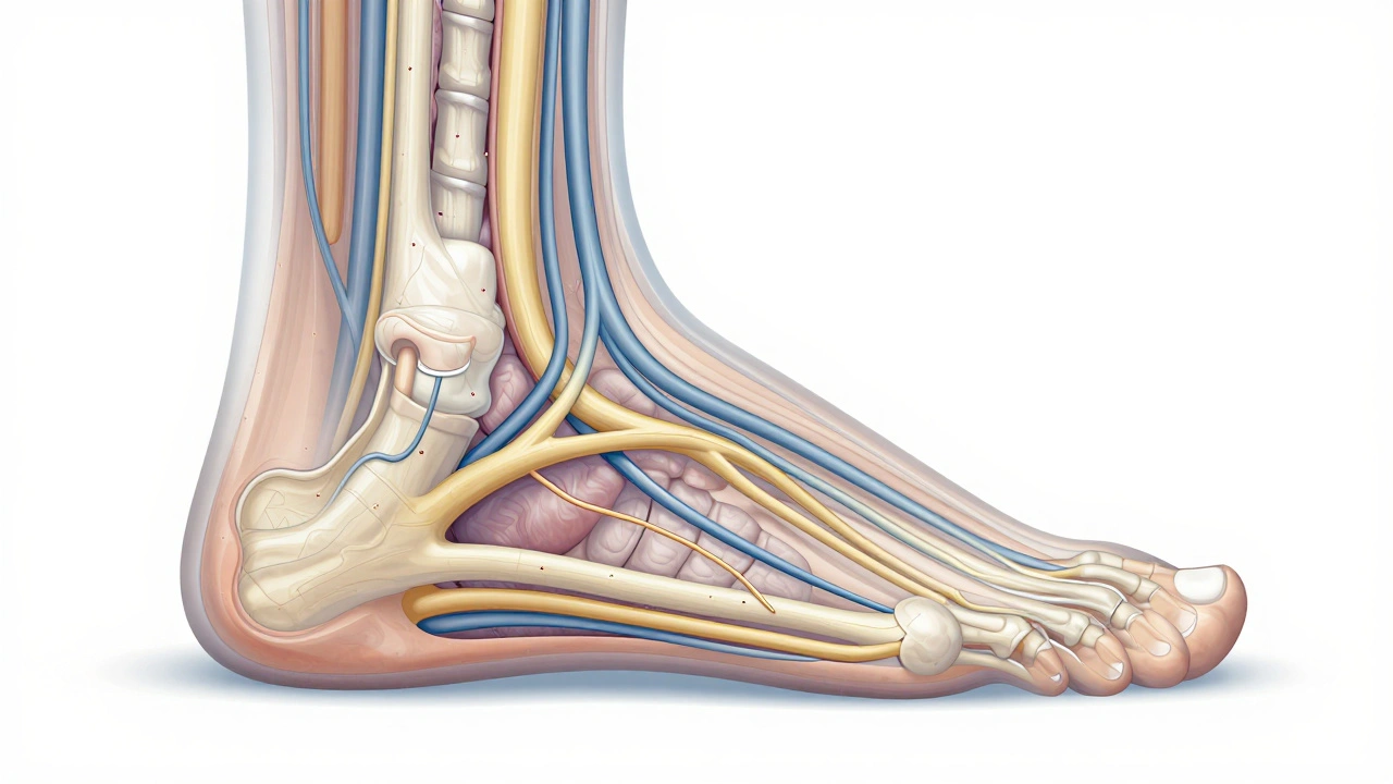 Anatomische weergave van zenuwbanen van de voet naar hersenen en organen met warme kleuren.