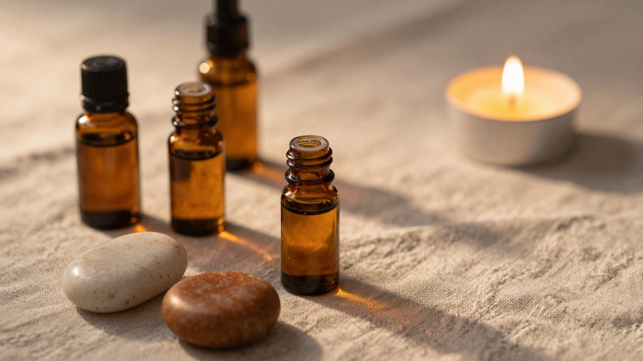 Aromatherapie oliën en stenen op een linnen doek.