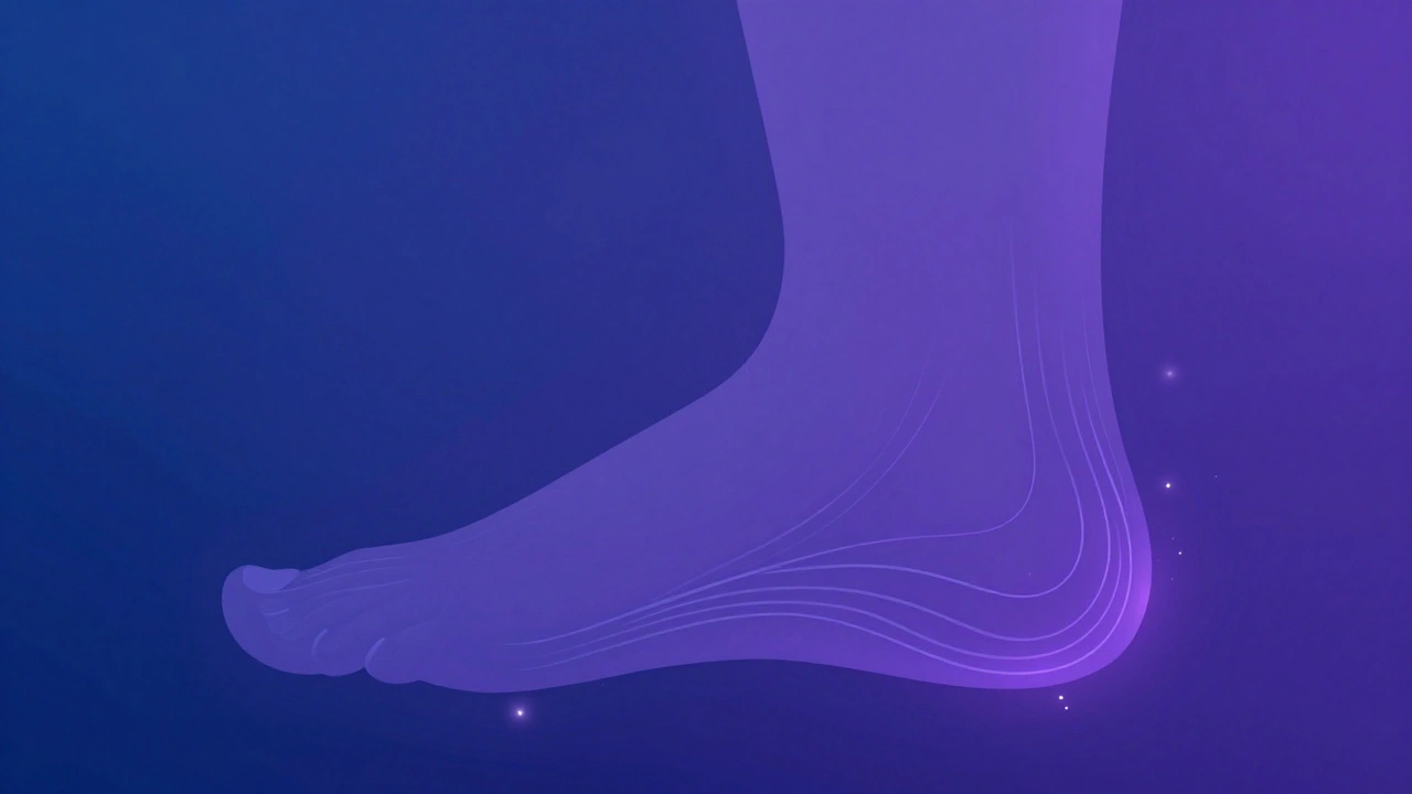 Artistiek silhouet van een voet met gloeiende energie lijnen eronder.