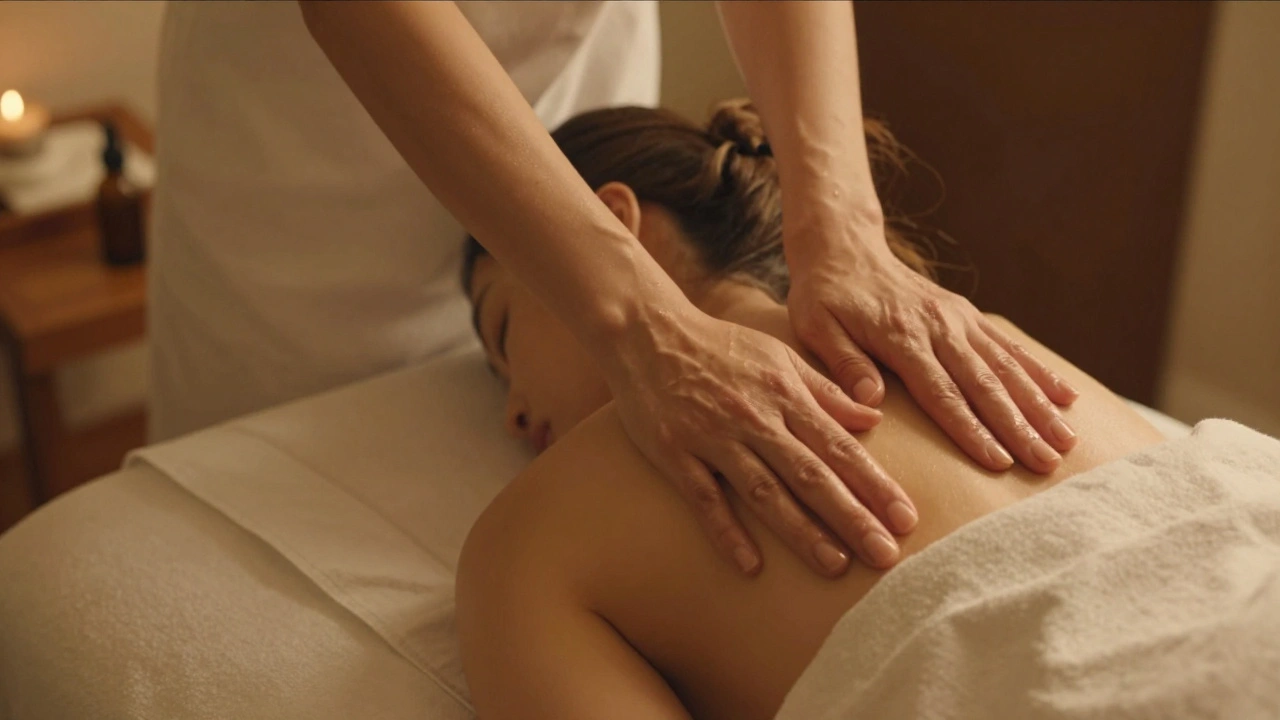 Close-up van schouders en nek die zacht worden gemasseerd met warme olie, ogen dicht, in een rustige sfeer.