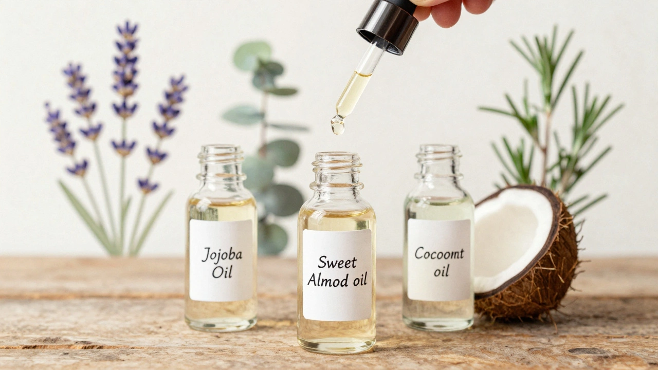 Drie flesjes massageolie met druppels op een houten tafel, met kruiden in de achtergrond.