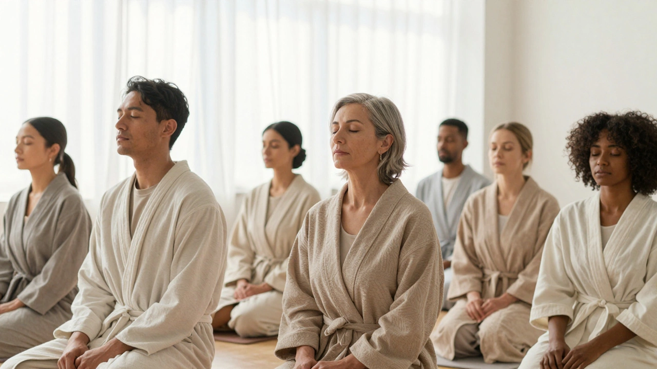 Drie personen na een body to body massage, ontspannen en geïnspireerd, in lichte robes, met zachte zonlicht door de ramen.