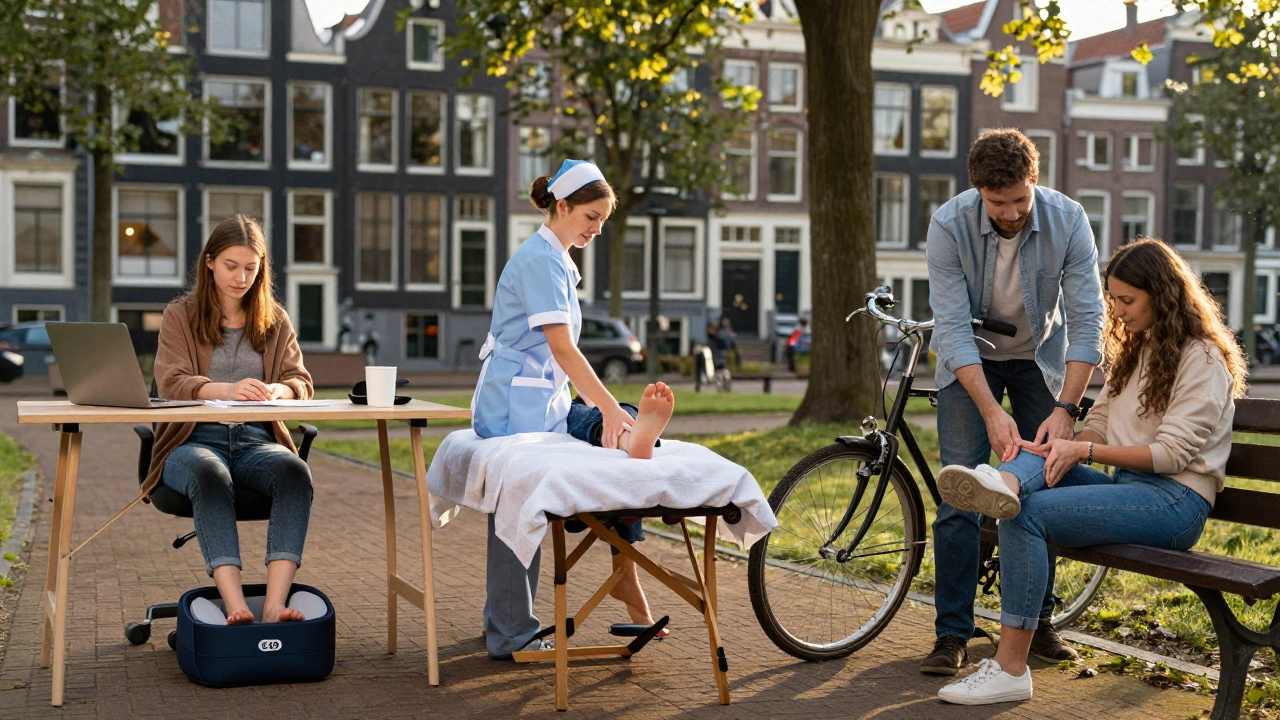 Drie verschillende mensen in Amsterdam ontspannen met voetmassage: thuis, in een winkel en op het balkon.