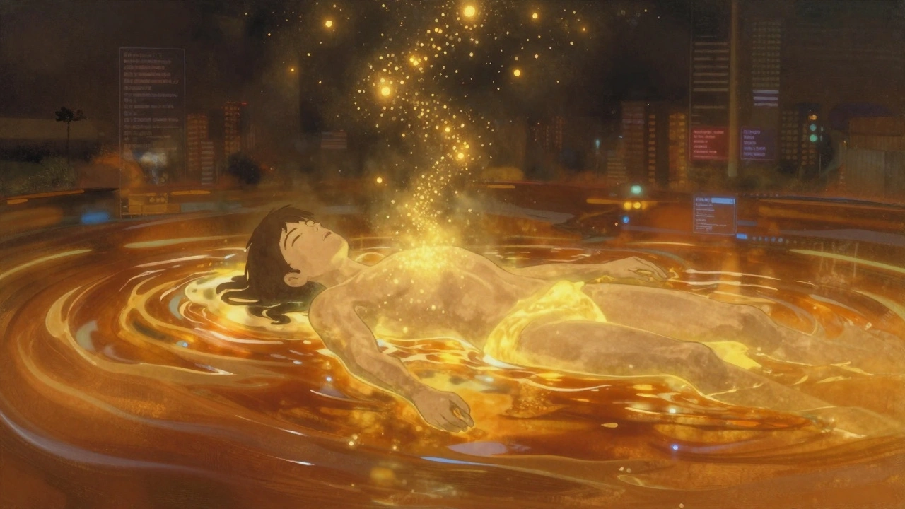 Een abstracte weergave van lichamelijke rust: een silhouet omgeven door warme, gouden lichtdeeltjes in een stromende olie.