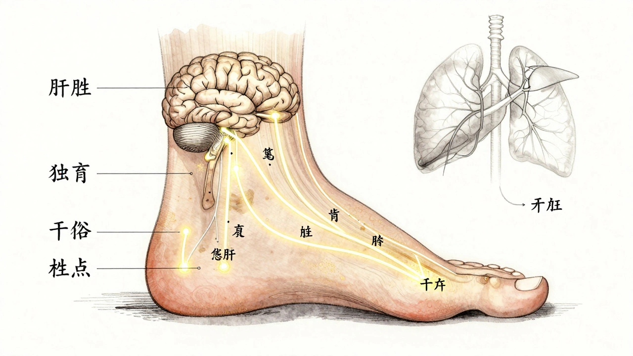 Een anatomische weergave van de voet met energielijnen die verbindingen maken met organen, gebaseerd op reflexologie.
