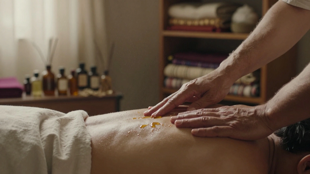 Een hand brengt warme olie aan op een schouder door een dunne kleding, in een rustige, natuurlijke setting.