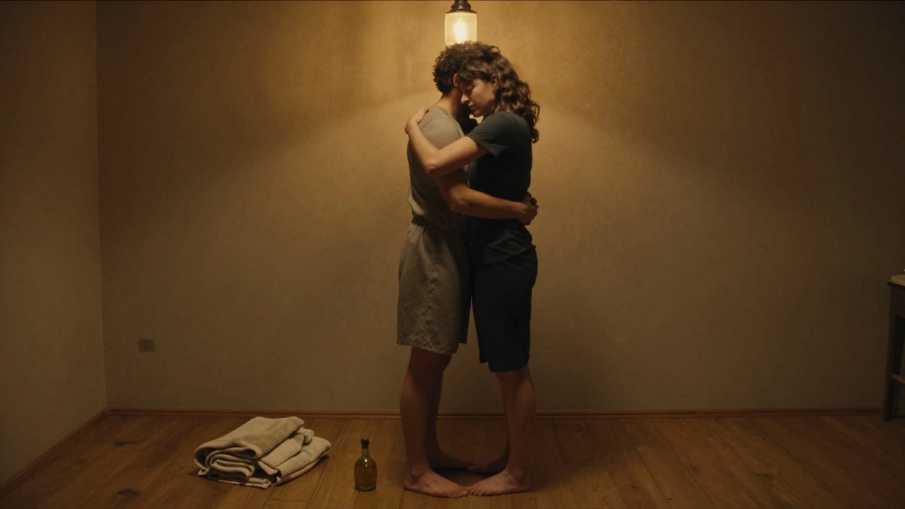 Een koppel omhelst elkaar na een massage, in een warm, zacht licht.