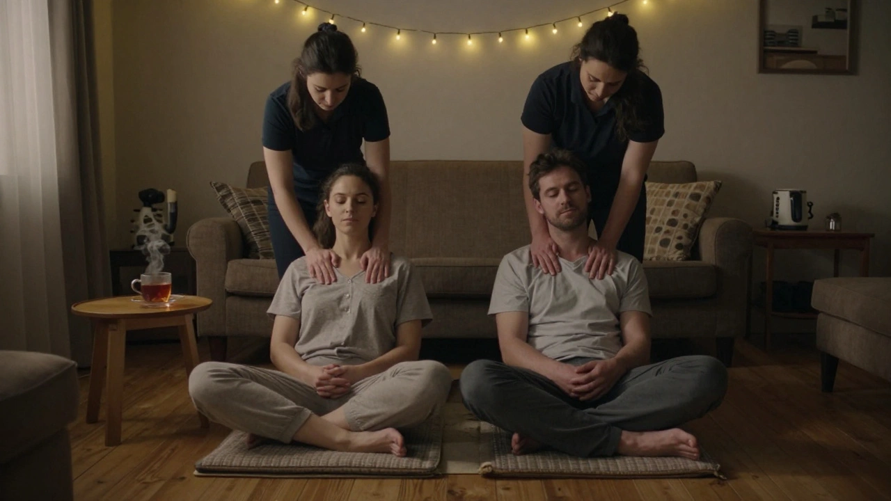 Een koppel samen een koppelmassage krijgt in een rustig woonkamerinterieur.