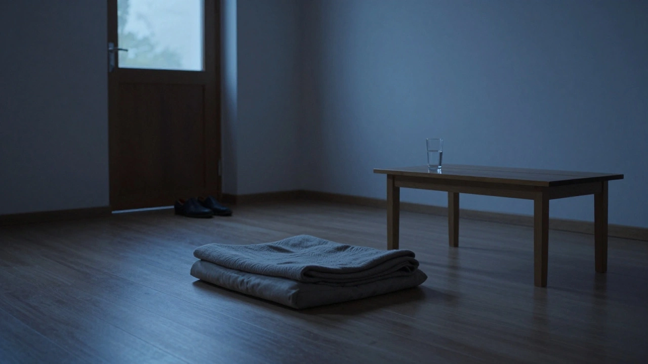 Een lege ruimte na een tantra-sessie: een deken, een glas water, en schaduwen van zonsondergang.