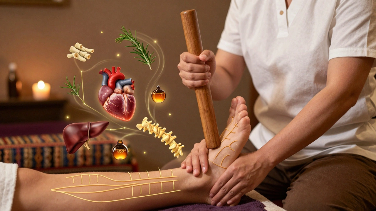 Een masseur gebruikt een houten stok en duimen om krachtige druk uit te oefenen op de voeten, met visuele verbindingen naar organen in de lucht.