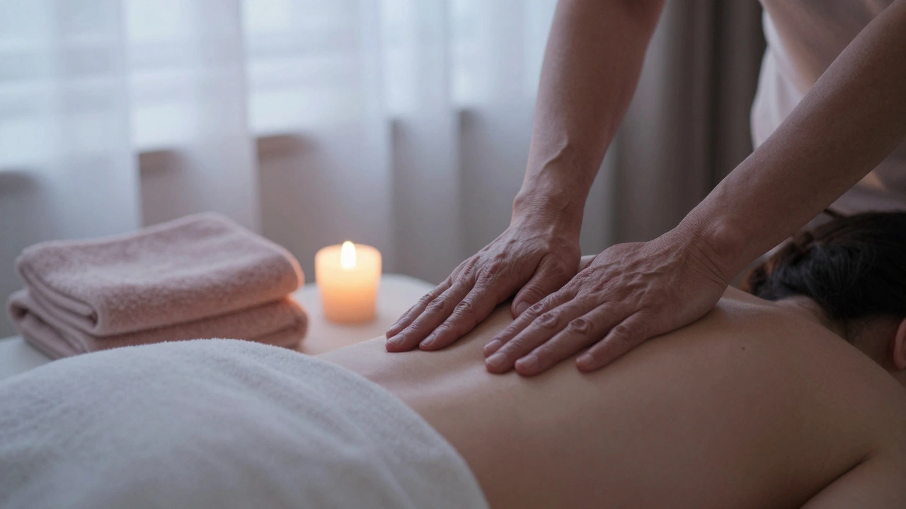 Een masseuse masseert de rug van een zwangere vrouw met zachte, zorgzame bewegingen.