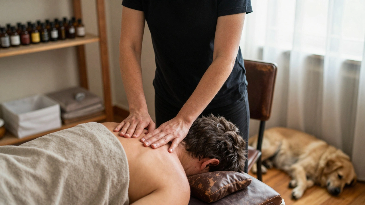 Een masseuse werkt zacht maar krachtig op de schouders van een cliënt in een eenvoudige thuisstudio met natuurlijke elementen.