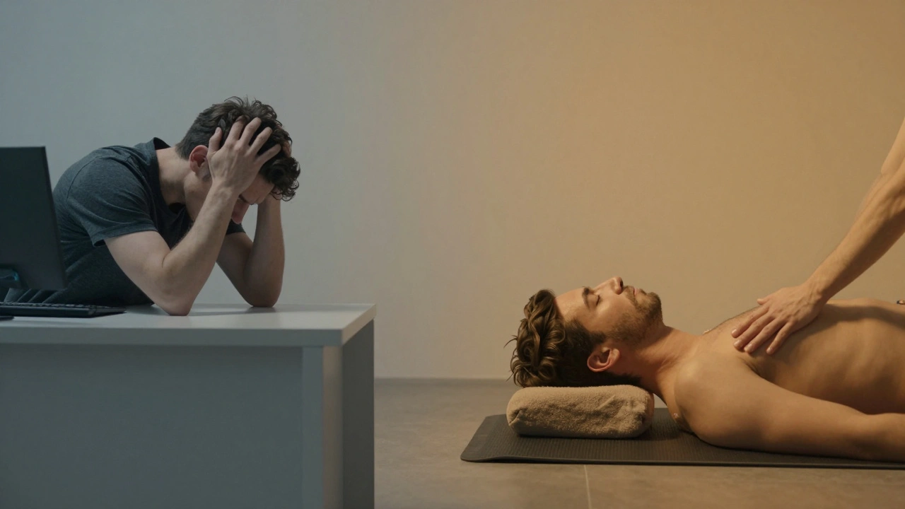 Een persoon in diepe ontspanning na een body-to-body massage, overgang van stress naar rust, zonder woorden.