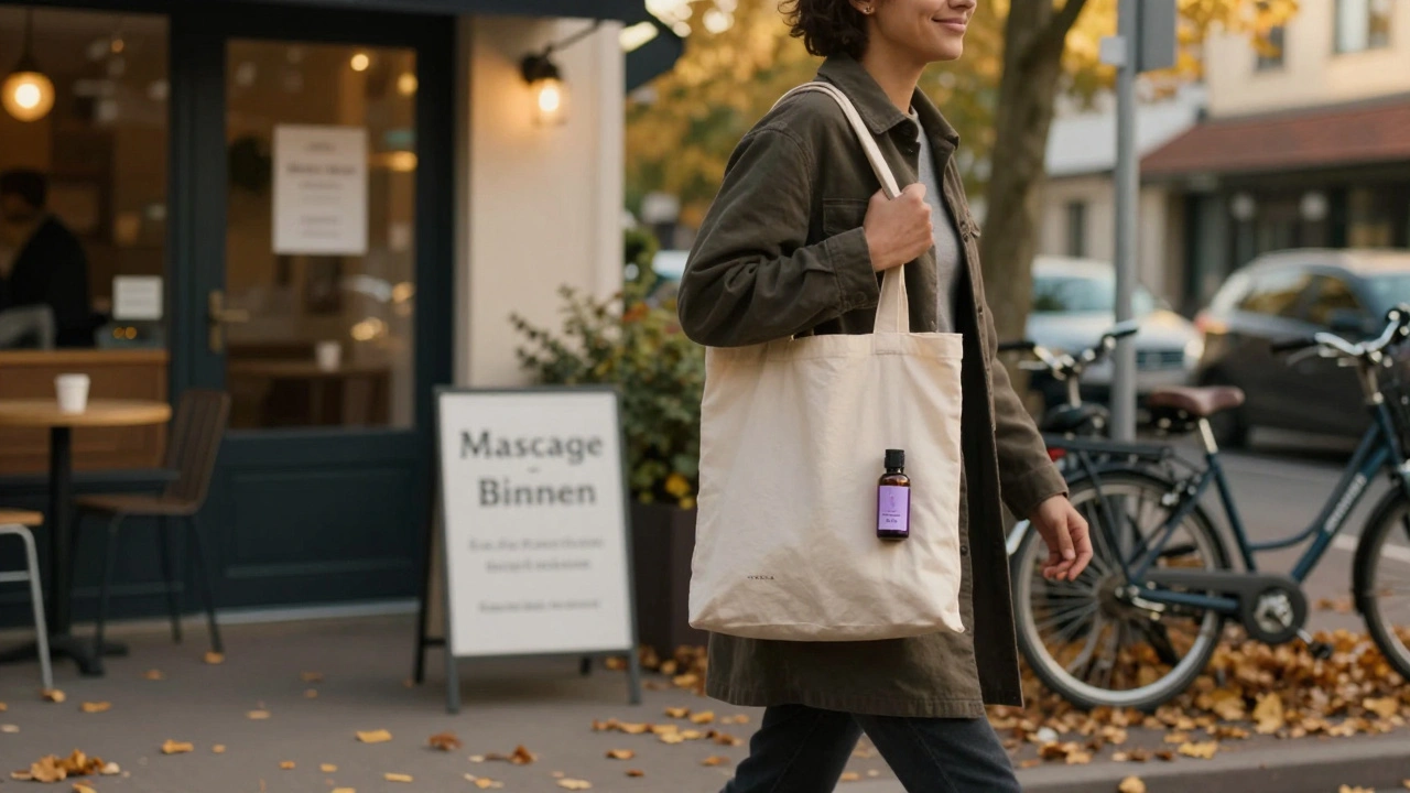 Een persoon lacht zachtjes terwijl hij of zij na een massage naar huis loopt, voorbij een klein bord met 'Massage - Binnen'.